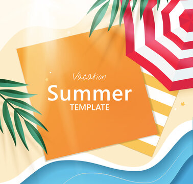 夏日阳光明媚的海边度假顶视图广告模板