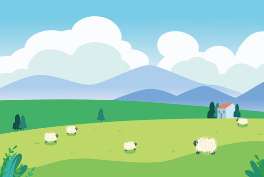 大草地上的羊矢量插画