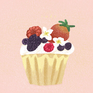 手绘草莓蛋糕甜品插画