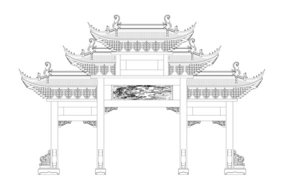 蘇式牌樓牌坊正立面線稿圖