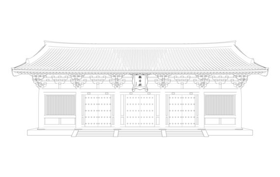 唐风悬山厅堂立面线稿图