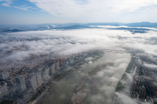 吉林市城市云海大雾仙境航拍