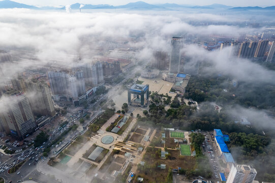 吉林市城市云海大雾仙境航拍