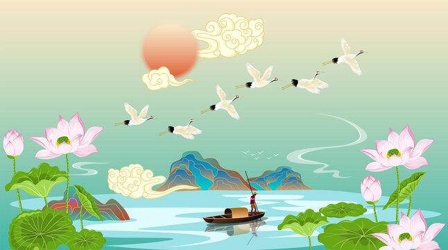 山水國潮仙鶴祥云插畫