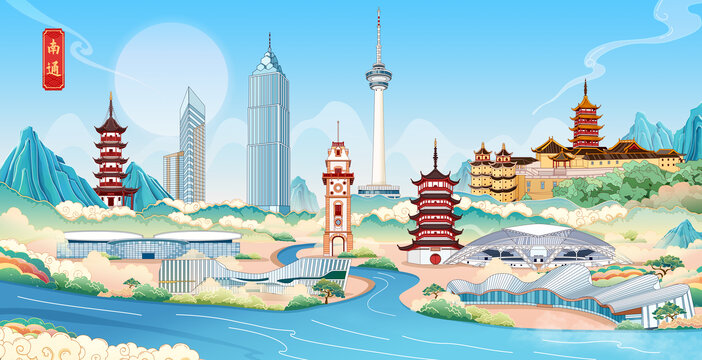 南通地標建筑國潮城市插畫手繪