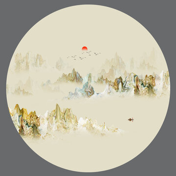 抽象圓形水墨山水