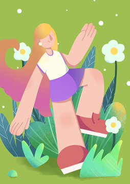 女生在植物前跳舞