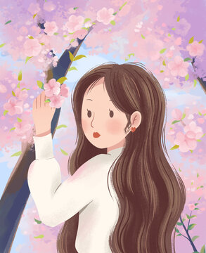 在花樹下面的女孩
