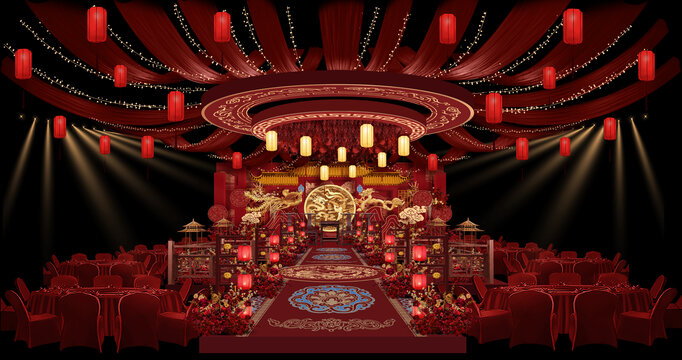 红金中式婚礼舞台效果图