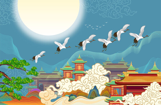 國(guó)潮古風(fēng)庭院樓閣插畫(huà)