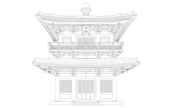 唐风钟楼立面线稿图