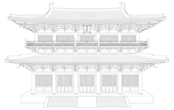 唐风藏经阁立面线稿图