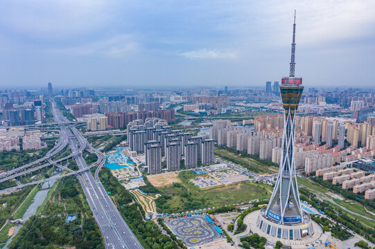 航拍郑州中原福塔城市地标高塔