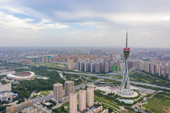 航拍郑州中原福塔城市地标高塔