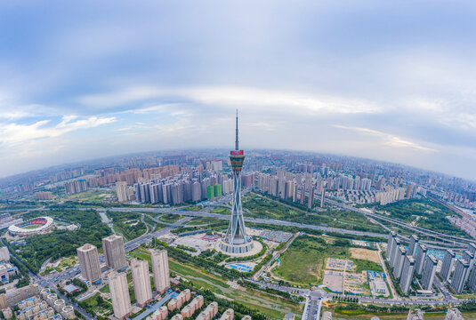 航拍郑州中原福塔城市地标高塔