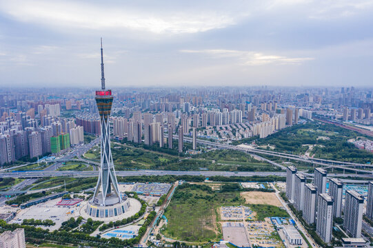 航拍郑州中原福塔城市地标高塔