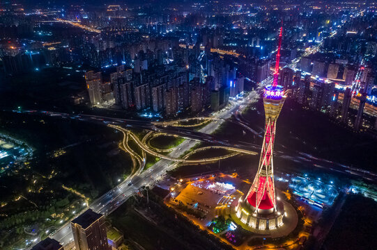 航拍郑州中原福塔夜景都市地标