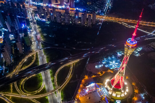 航拍郑州中原福塔夜景灯光秀