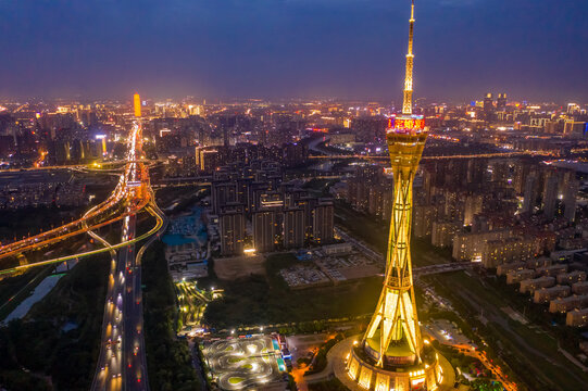 航拍郑州中原福塔夜景灯光秀