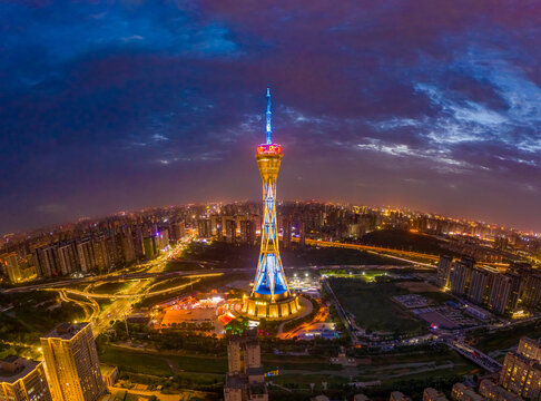 航拍郑州中原福塔夜景地标灯光