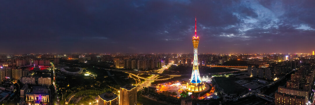 航拍郑州中原福塔夜景地标灯光