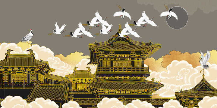 樓閣仙鶴背景墻