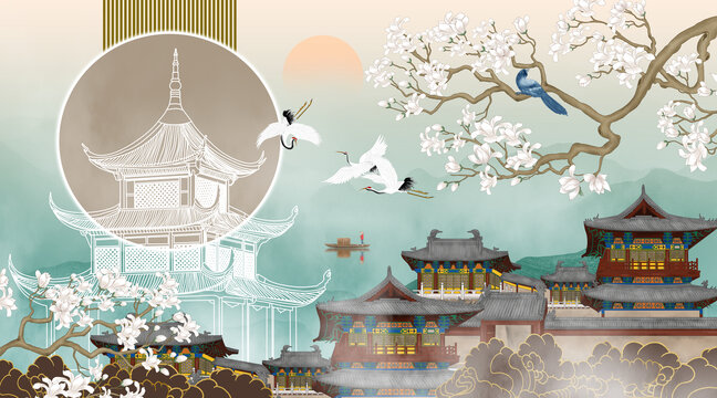 高端樓閣輕奢新中式背景墻