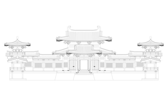 唐风寺院正立面线稿图