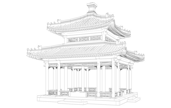 頤和園知春亭軸測(cè)線稿圖