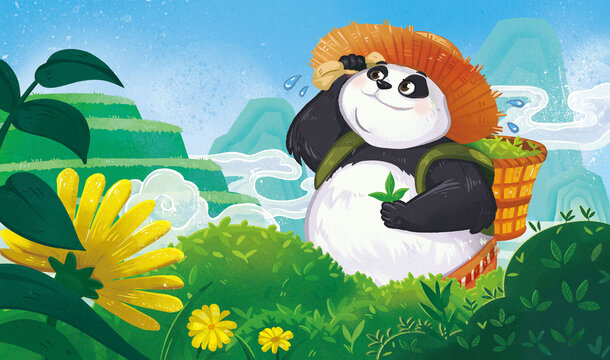 采茶叶的熊猫儿童插画可爱山水