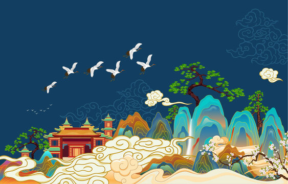 國潮山水樓閣意境插畫