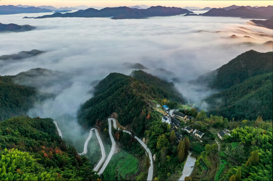 浦江石台盘山村云海风光航拍