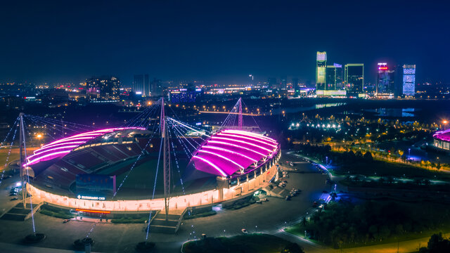 浙江义乌城市夜景风光航拍