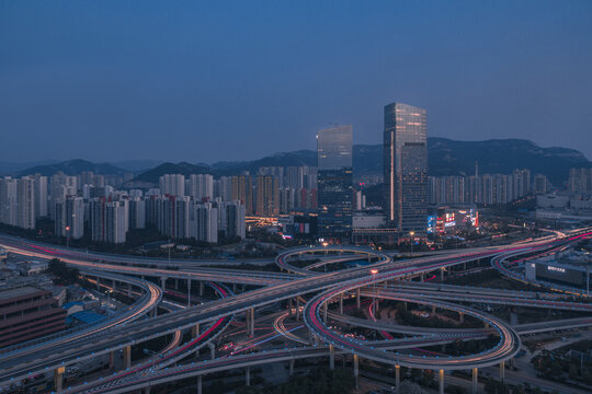 山东济南英雄山立交桥夜景航拍