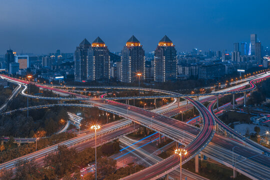 山东济南燕山立交桥夜景航拍