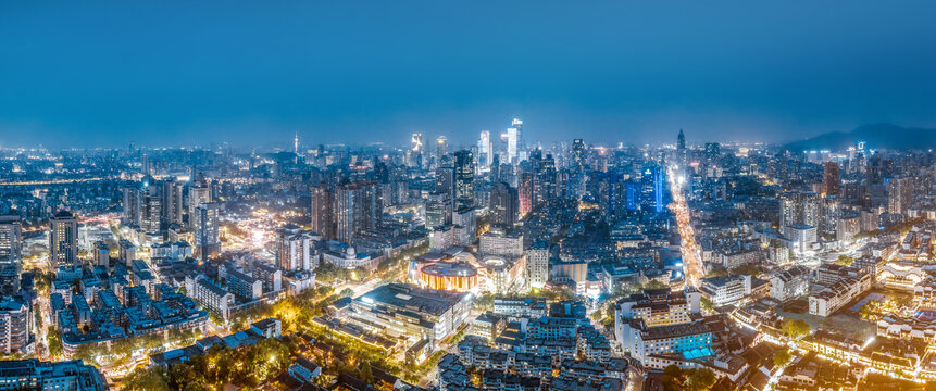 航拍南京城市建筑天际线夜景