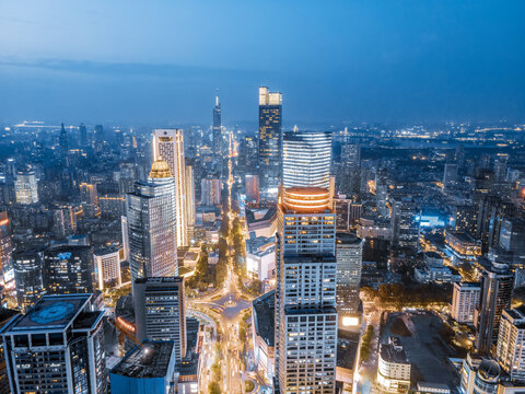 航拍南京现代建筑天际线夜景