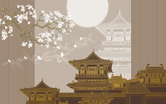 高端樓閣輕奢新中式背景墻