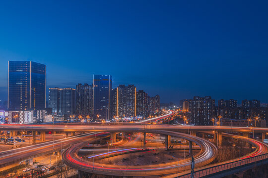 山东济南全福立交桥夜景航拍