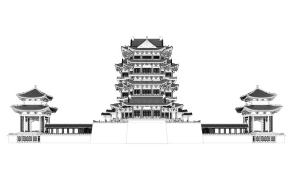 滕王閣沿江立面線稿圖