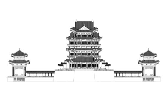 滕王閣沿江正立面線稿圖