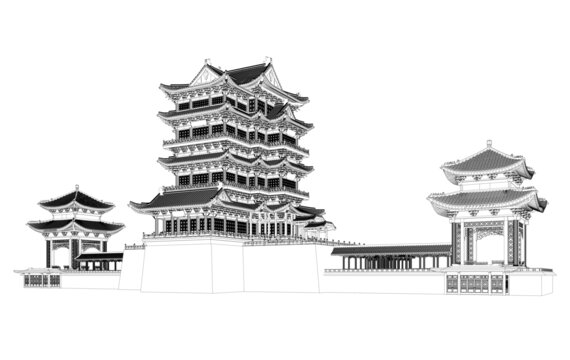 滕王閣沿江軸測線稿圖