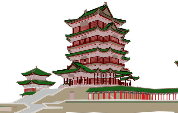 滕王閣主樓軸測插畫圖
