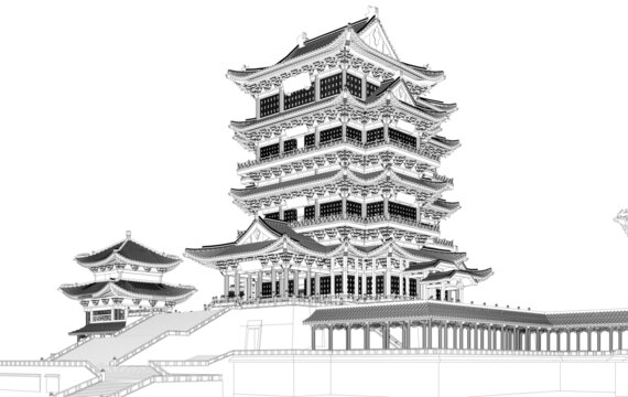 滕王閣主樓軸測(cè)線稿圖