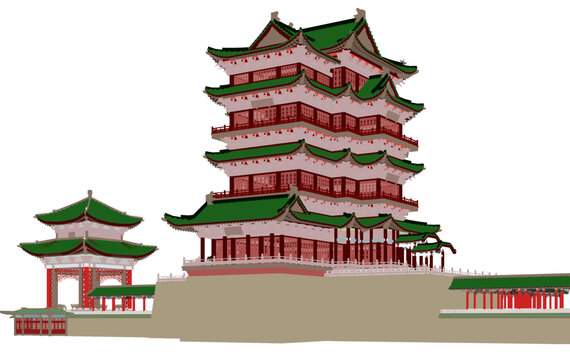 滕王閣主樓沿江軸測插畫圖