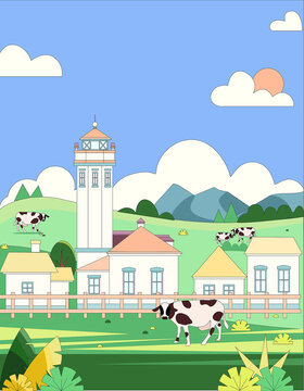 風景建筑農(nóng)場矢量插畫
