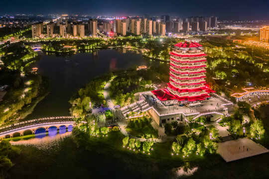 山东淄博海岱楼夜景航拍