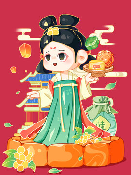 中式食品月饼包装插画设计