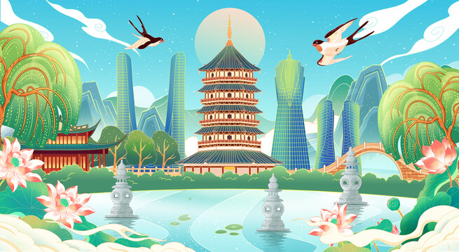 西湖城市插畫