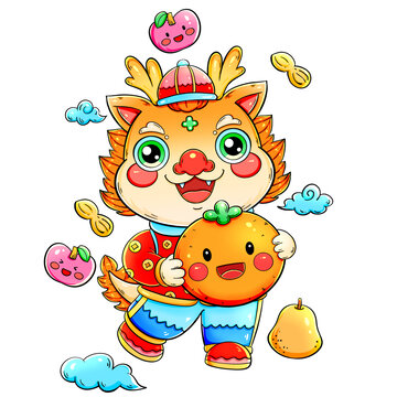 國(guó)潮可愛卡通抱桔的小龍